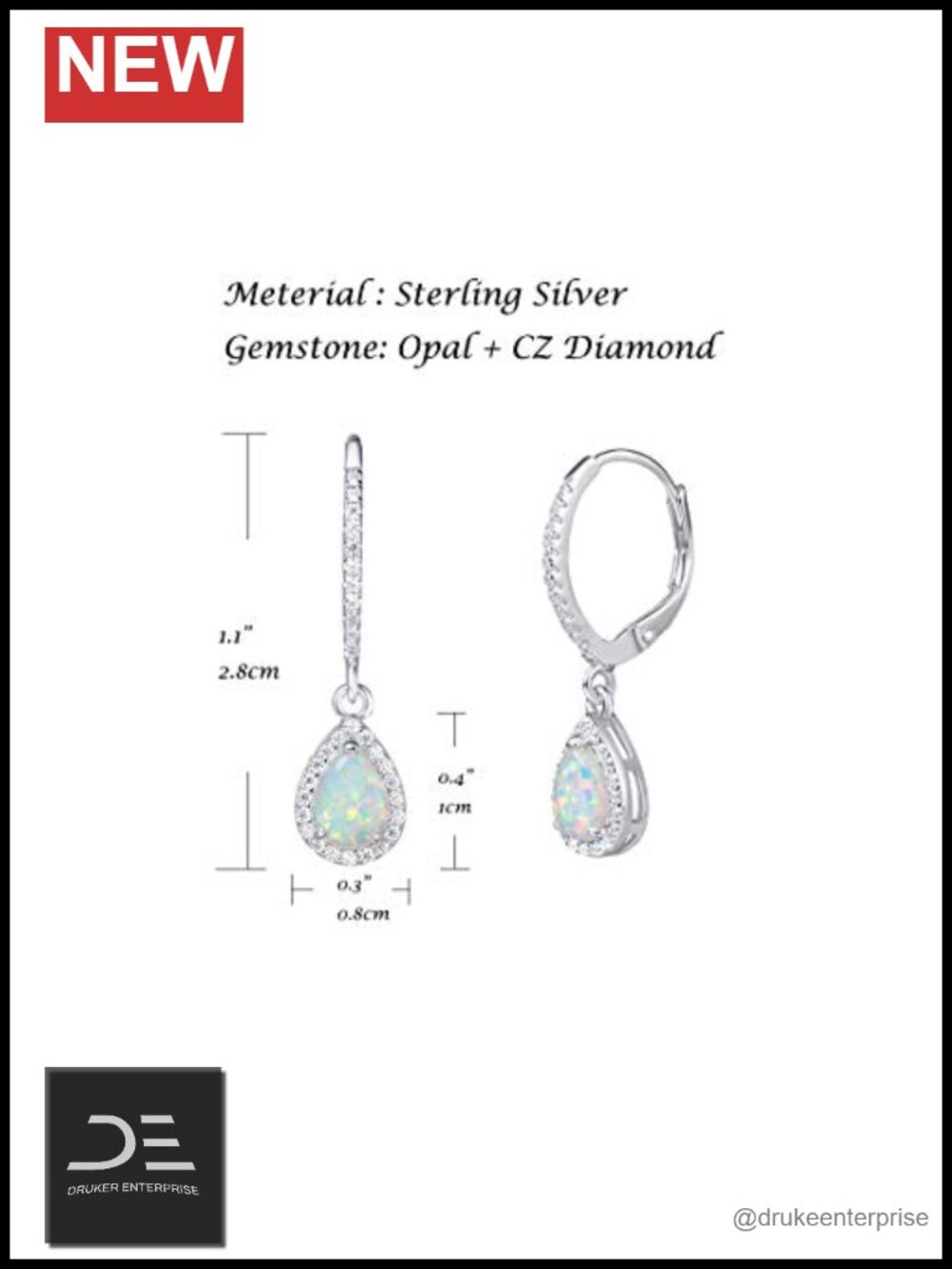 Sterling Silver Created Opal Leverback Earrings Pear Drop Birthstone - Picture 4 of 6